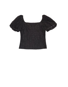 Square Neck Puff Sleeve Lace Overlay Top (Black)